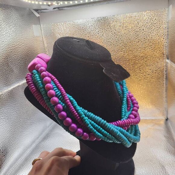 Vintage 90s Funky Chunky Dyed Wood Necklace - Picture 2 of 3